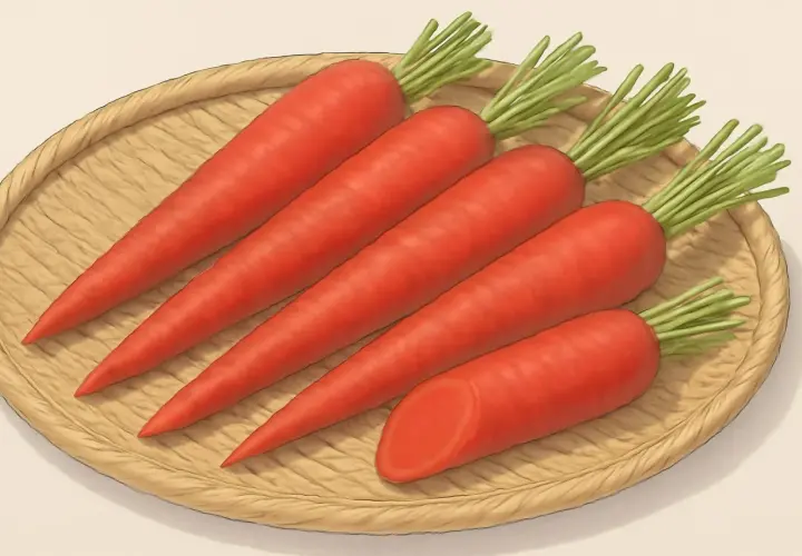 A woven tray holds five vibrant, fresh japanese carrot roots with green tops. One carrot is sliced, revealing its bright orange interior.