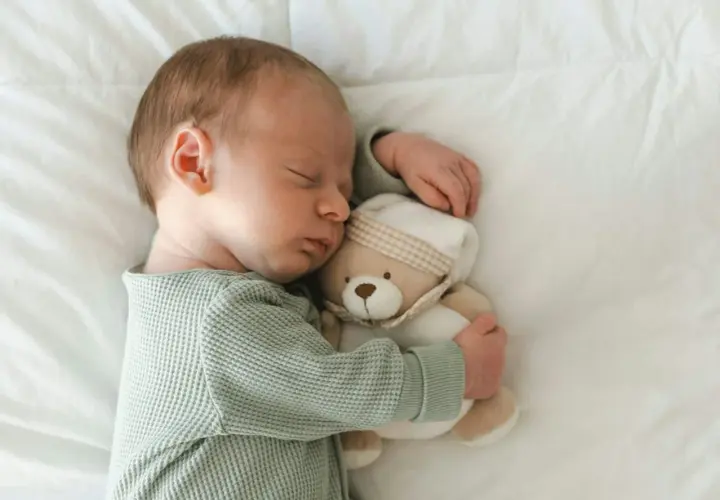 Śpiące niemowlę tuli misia. Wkrótce odkryje świat dzięki kolorowym książeczkom sensorycznym.