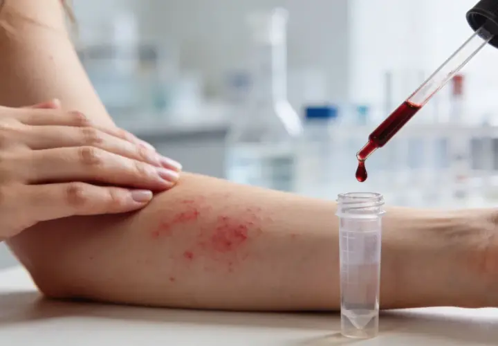 Hautirritationen am Arm, die auf eine innere Hitze Allergie hindeuten. Ein Tropfen Blut fällt aus einer Pipette in ein Röhrchen.