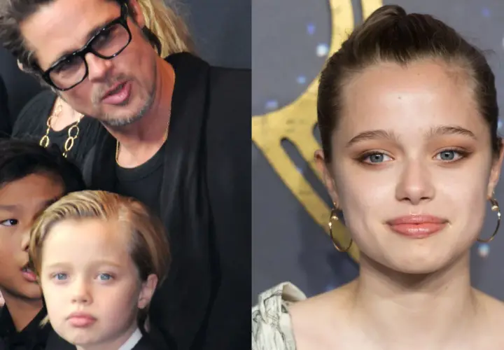 Brad Pitt z dziećmi. Na zdjęciu widać aktora w okularach, a obok niego dwójkę jego dzieci. Po prawej stronie ujęcie twarzy nastoletniej córki.