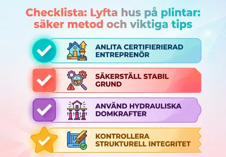 Checklista för att lyfta hus med domkraft: Anlita proffs, säkerställ grunden, använd hydrauliska domkrafter och kontrollera strukturen.