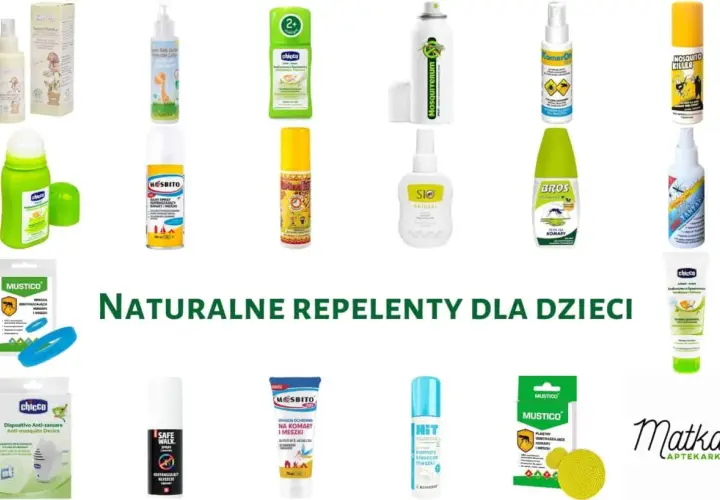 Kolekcja produktów, które odstraszają komary i kleszcze, w tym spraye, roll-ony i plastry.