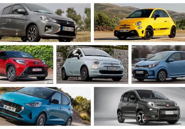 Colección de coches urbanos: un Mitsubishi gris, un Abarth amarillo, un Toyota rojo, un Fiat 500 azul claro, un Kia azul, un Hyundai azul y un Fiat Panda gris.