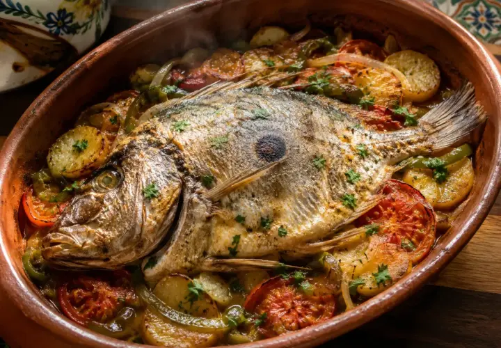 Pez San Pedro horneado con patatas, tomates y pimientos en una cazuela de barro.