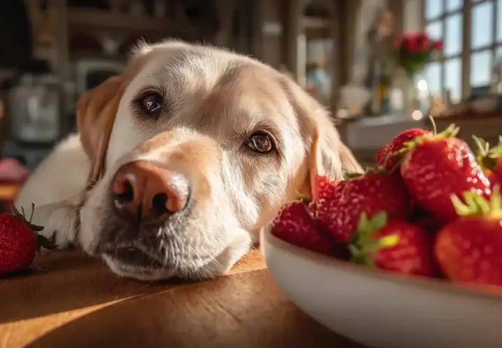 A golden retriever looks longingly at a bowl of strawberries, wondering if dogs can eat strawberry tops.
