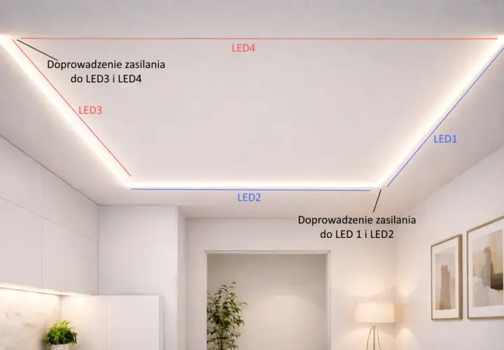 Oświetlenie sufitowe zasilane z dwóch stron. Linie czerwona i niebieska pokazują doprowadzenie zasilania do taśm LED.