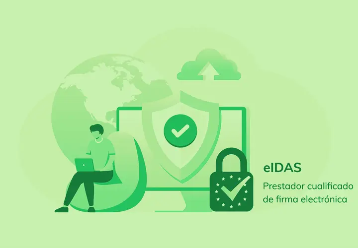 Un hombre usa una laptop junto a un globo terráqueo y un escudo de seguridad. El texto indica "eIDAS Prestador cualificado de firma electrónica", parte de una lista de confianza de prestadores de servicios de certificación.