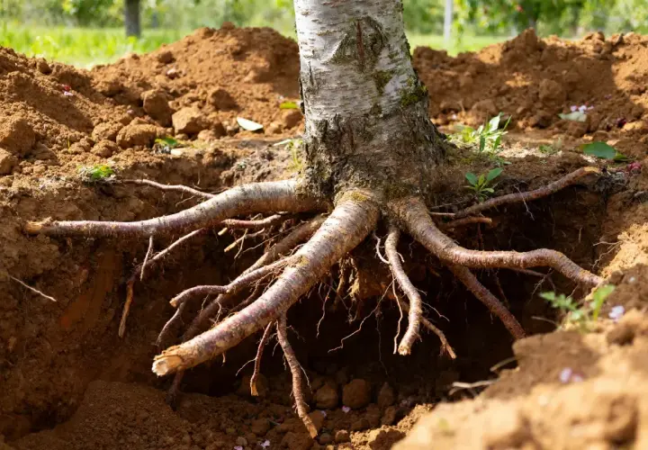 Gros plan sur les racines d'un jeune cerisier, prêt pour sa plantation. La distance entre la plantation et la maison est encore à définir.