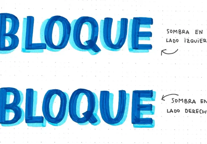 Dos ejemplos de la palabra "BLOQUE" con **sombras de letras** en azul. La primera tiene sombra a la izquierda, la segunda a la derecha.