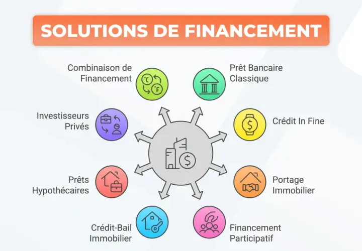 Schéma des solutions de financement : prêt terrain, prêts hypothécaires, crédit-bail, portage immobilier, crédit in fine, prêt bancaire, investisseurs privés, combinaison de financement.