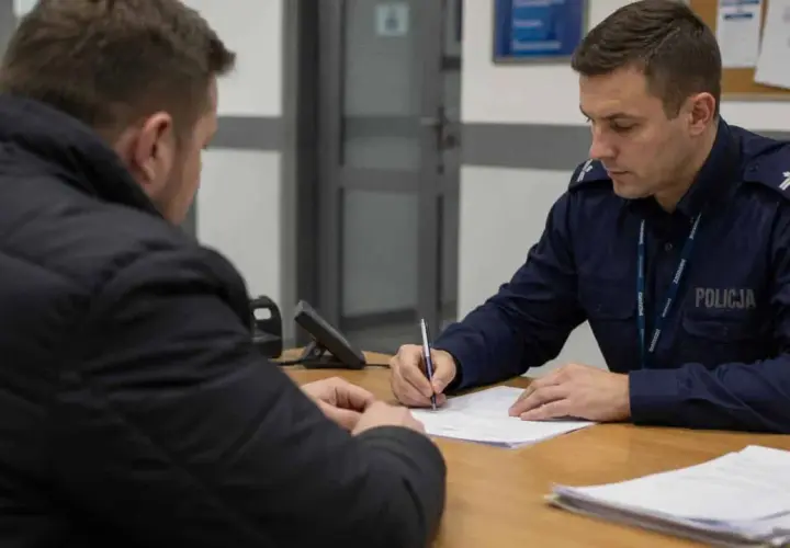 Policjant spisuje zeznanie. Czas oczekiwania na wezwanie na policję bywa różny, zależy od sprawy.