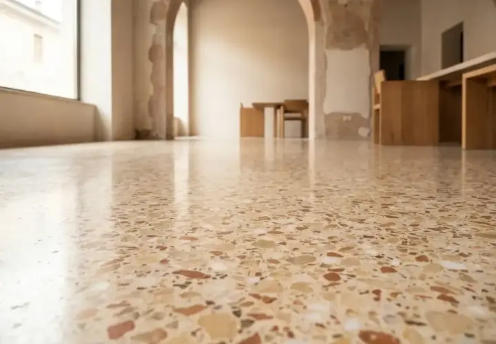Pavimentazione terrazzo lucida con inserti colorati, che riflette la luce in un ambiente con archi e arredi in legno.