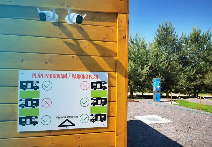 Tablica z planem parkowania dla kamperów, z zaznaczonymi miejscami dozwolonymi i zakazanymi. Dwie kamery monitoringu nadzorują teren.