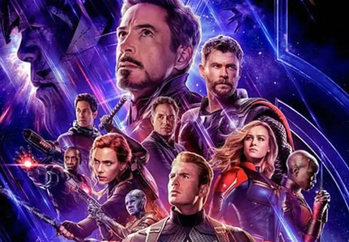 Affiche des films de la série Marvel Entertainment : Iron Man, Thor, Captain America, Black Widow, Hulk, Captain Marvel et Thanos.