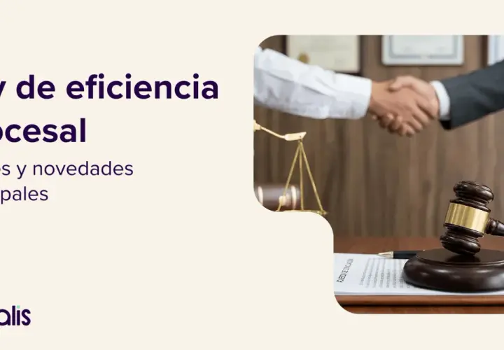 Ley de eficiencia procesal: claves y novedades. Imagen de un mazo de juez, balanza y apretón de manos, simbolizando justicia y acuerdos.