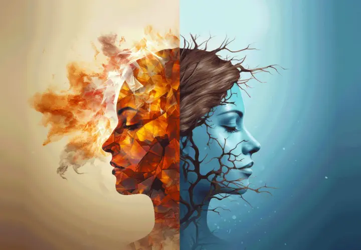 Volto diviso: metà fuoco e calore, metà ghiaccio e rami secchi. Un bipolare può vivere da solo, affrontando le sue dualità.