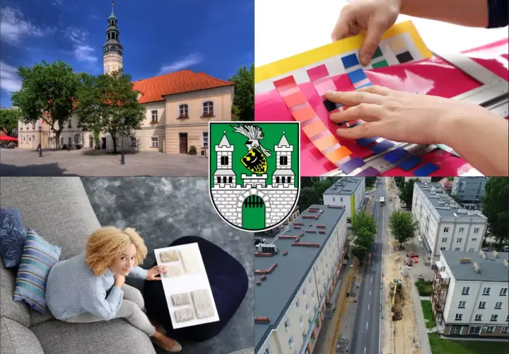 Kolaż: ratusz, próbki kolorów, kobieta z próbkami materiałów, ulica w budowie, herb Zielonej Góry.