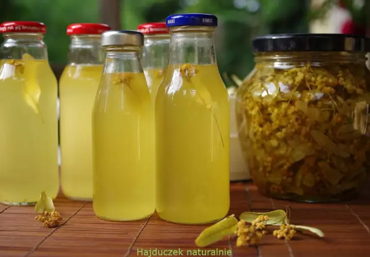 Butelki z domowym syropem z lipy, obok słoik z kwiatami lipy. Naturalny, orzeźwiający napój.