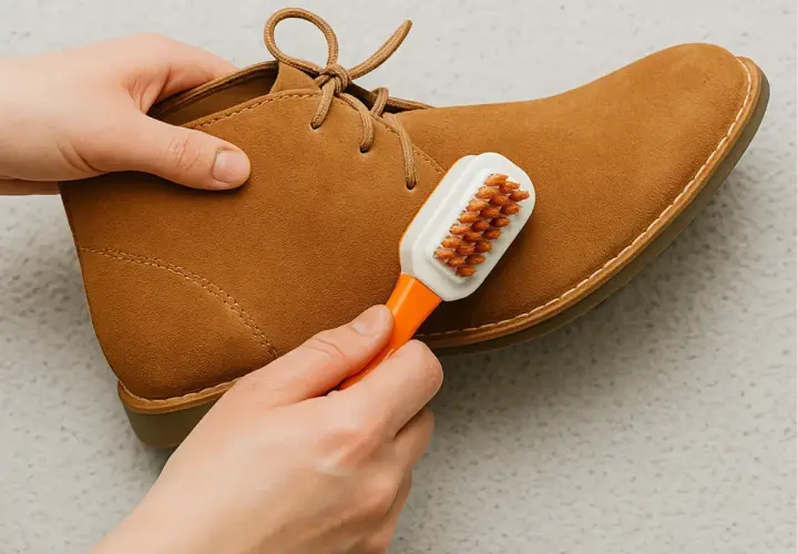 Manos limpiando un zapato de gamuza marrón con un cepillo. Aprende como se limpia la piel de tus zapatos favoritos.