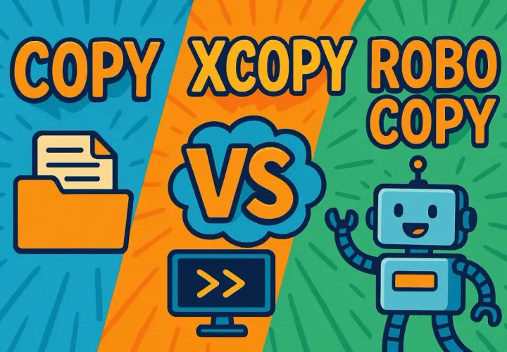 Vergleich von xcopy vs robocopy: Ordner-Symbol und Roboter-Symbol stehen sich gegenüber.