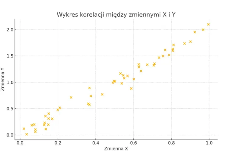 Wykres punktowy pokazuje silną, pozytywną korelację między zmiennymi X i Y, sugerując, że wzrost jednej zmiennej wiąże się ze wzrostem drugiej.