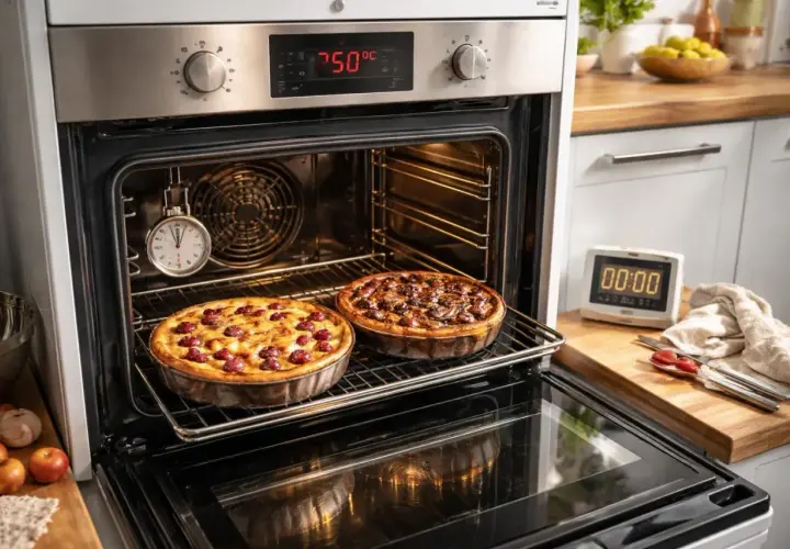Deux clafoutis aux cerises et aux fruits rouges cuisent dans un four à chaleur tournante. Un minuteur est suspendu à l'intérieur.