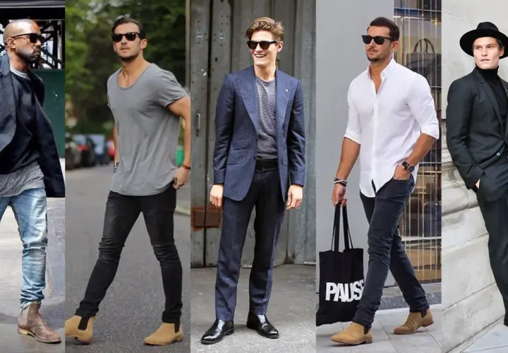 Mężczyźni w stylowych stylizacjach, od casualowych po eleganckie. Wszyscy noszą sztyblety, co to za buty? Idealne do jeansów i garniturów.
