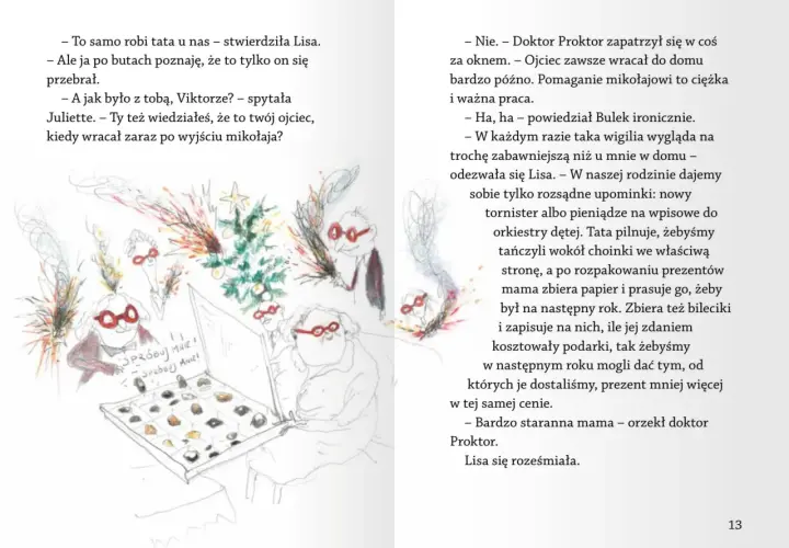 Ilustracja z książki "Jo Nesbø dla dzieci" przedstawia rodzinne święta z zabawnymi postaciami i prezentami.
