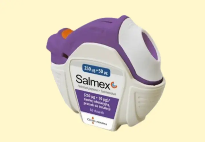 Fioletowo-biały inhalator Salmex, zawierający lek na astmę.