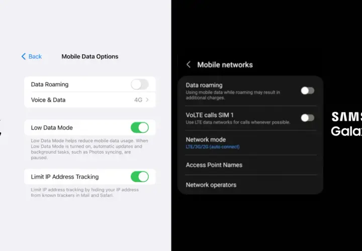 Ustawienia iPhone i Samsung Galaxy pokazują opcje roamingu danych. Dowiedz się, jak wyłączyć roaming w Plusie, aby uniknąć dodatkowych opłat.