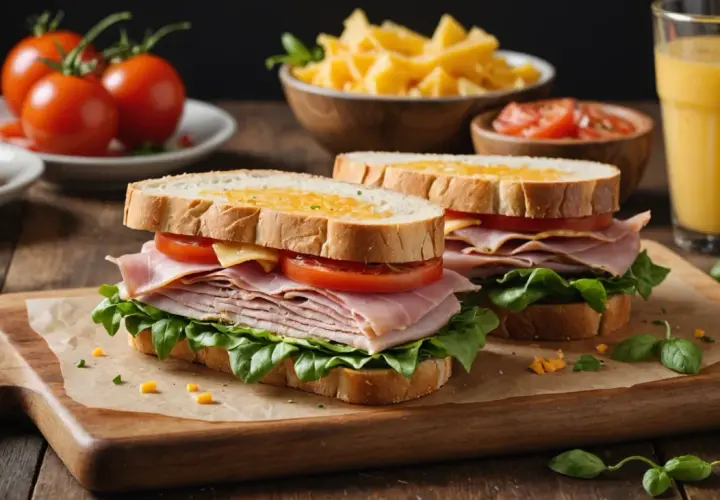 Deux sandwichs froids appétissants avec jambon, fromage, tomate et laitue sur du pain grillé. Un verre de jus d'orange et des tomates fraîches complètent ce repas.
