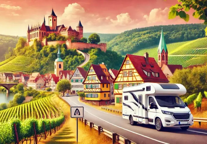 Camping-car sur une route sinueuse menant à un village pittoresque dominé par des châteaux allemands majestueux, entouré de vignobles verdoyants.