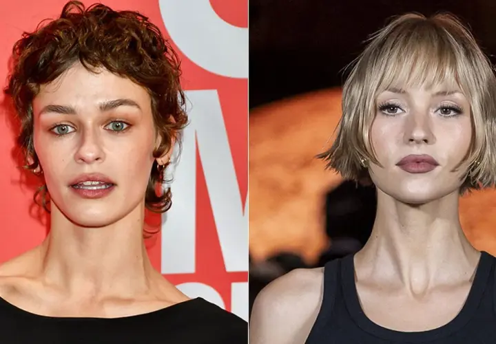 Dos mujeres con peinados cortos modernos: una con cabello castaño rizado y otra con cabello rubio bob.