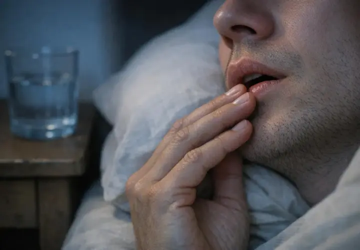 Uomo con mano sulle labbra, soffre di lingua secca di notte. Un bicchiere d'acqua sul comodino.
