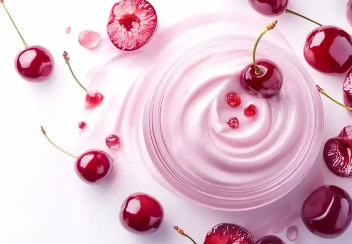 Crème onctueuse rose parsemée de cerises, évoquant le bienfait peau de ce fruit pour un soin éclatant.