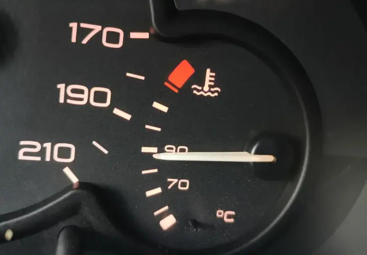 Wskaźnik temperatury płynu chłodniczego diesel pokazuje 90°C. Czerwona kontrolka ostrzega przed przegrzaniem.