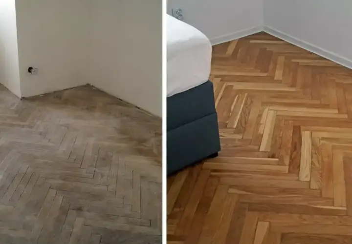 Przed i po cyklinowaniu parkietu. Zobacz, ile kosztuje cyklinowanie parkietu i jak odmienić wnętrze.