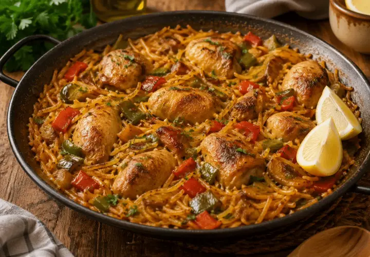 Fideuà de pollo con trozos de pimiento rojo y verde, servida en paellera con gajos de limón.