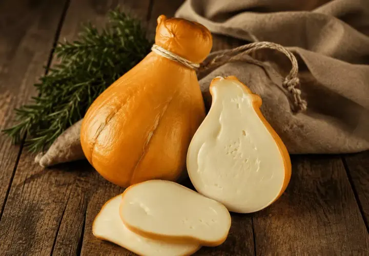 Queso scamorza ahumado, entero y cortado, con romero y tela rústica sobre madera.