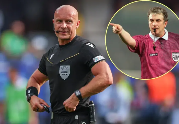 Sędzia piłkarski w czarnym stroju z emblematem UEFA i w okręgu sędzia w różowej koszulce z logo Adidasa i FIFA.