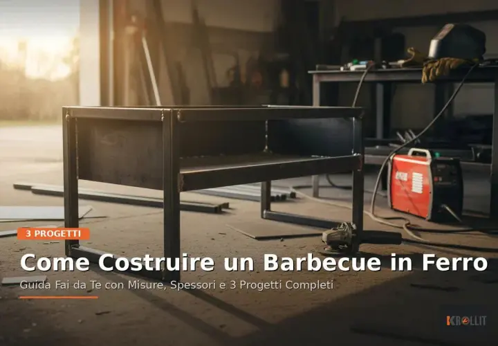 Un barbecue inox fait maison en cours de construction dans un atelier. Une meuleuse et un poste à souder sont visibles.