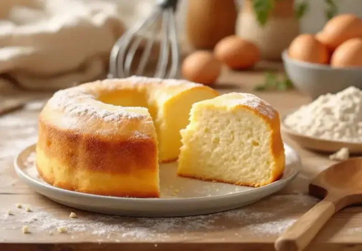 Un délicieux gâteau rapide, saupoudré de sucre glace, est prêt à être dégusté. Des œufs et de la farine sont visibles en arrière-plan.