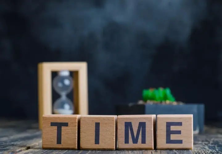 Blocchi di legno con la parola TIME, clessidra e pianta. È mezzanotte, il tempo scorre.