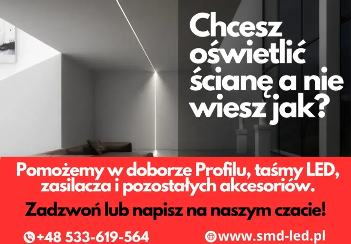 Nowoczesne oświetlenie ściany z taśmą LED. Pomożemy dobrać profil i szerokość taśmy LED. Zadzwoń!