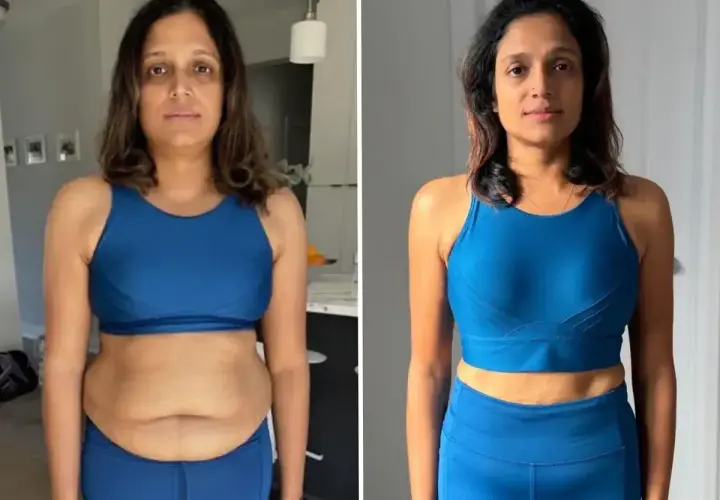 Kobieta przed i po metamorfozie. Zmagała się z problemem skinny fat, ale dzięki zmianom w stylu życia osiągnęła widoczne rezultaty.