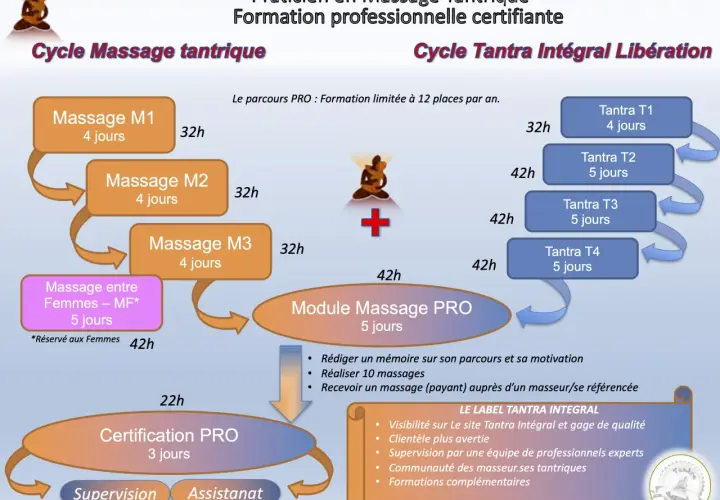 Schéma du cycle de formation professionnelle certifiante en massages tantriques, incluant les modules M1, M2, M3, Tantra T1-T4, et la certification PRO.