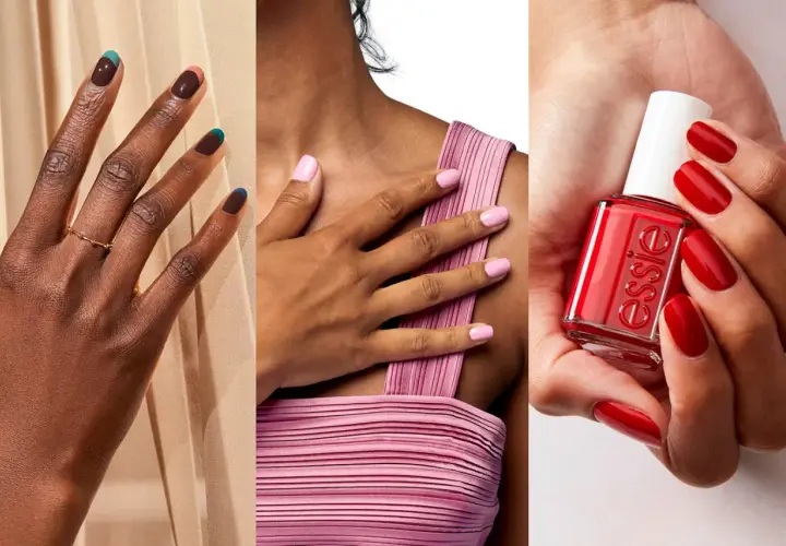 Tre olika looks med essie gellack: mörka naglar med färgdetaljer, ljusrosa naglar och klassiskt rött med en flaska essie.