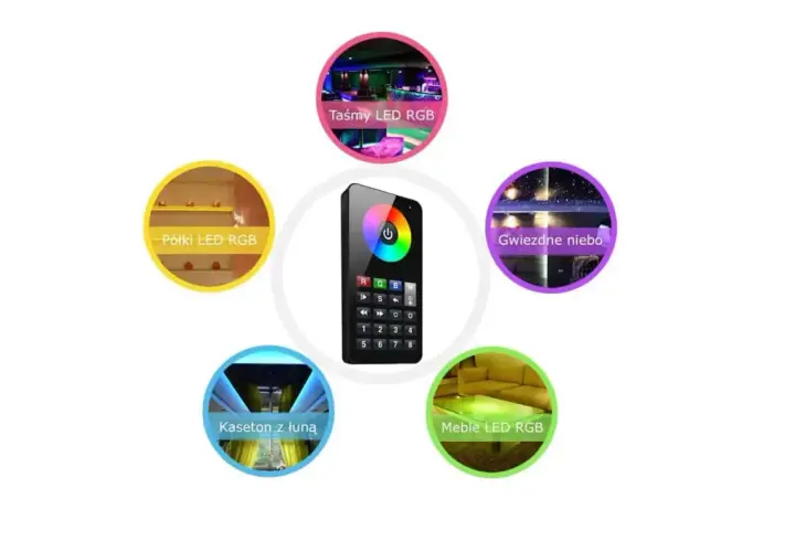 Pilot do inteligentny dom systemy steruje oświetleniem LED RGB: taśmami, półkami, meblami, kasetonem z łuną i gwiezdnym niebem.