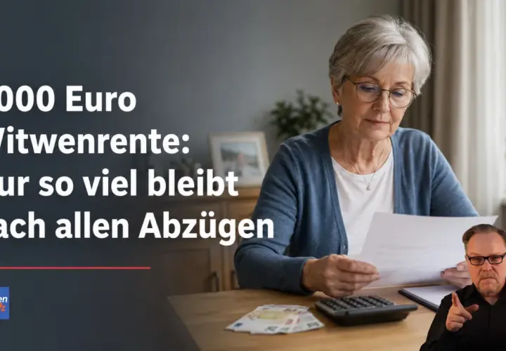 Eine Frau prüft Dokumente. Text: "1.000 Euro Witwenrente: Nur so viel bleibt nach allen Abzügen." Ein Mann im Vordergrund deutet. Witwenrente berechnen beispiel.