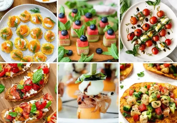 Kolorowe przekąski na grilla: mini tartinki z łososiem, arbuzowe szaszłyki, caprese, bruschetty, melon z mozzarellą i prosciutto, quesadillas z kurczakiem.